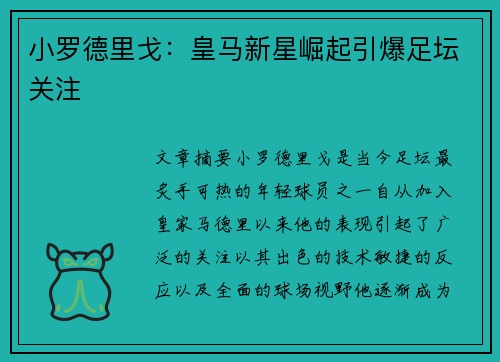 小罗德里戈：皇马新星崛起引爆足坛关注